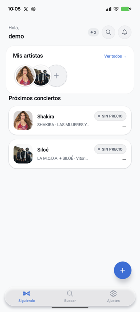 Pantalla principal de RiffMood en modo claro, con los artistas seguidos y sus próximos conciertos